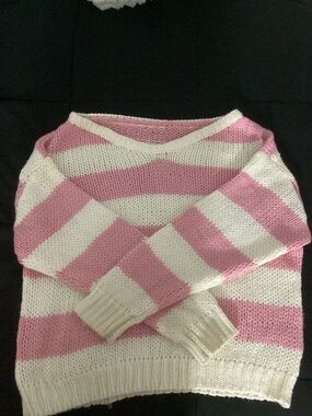 Knitted Off the Shoulder Pink and Cream Sweater